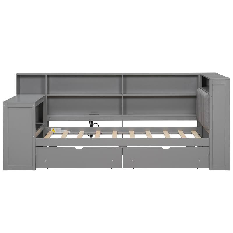 Roomfitters Wood Twin Platform Bed with Storage Shelves, Desk, Drawers and Charging Station, Upholstered Headboard, Grey