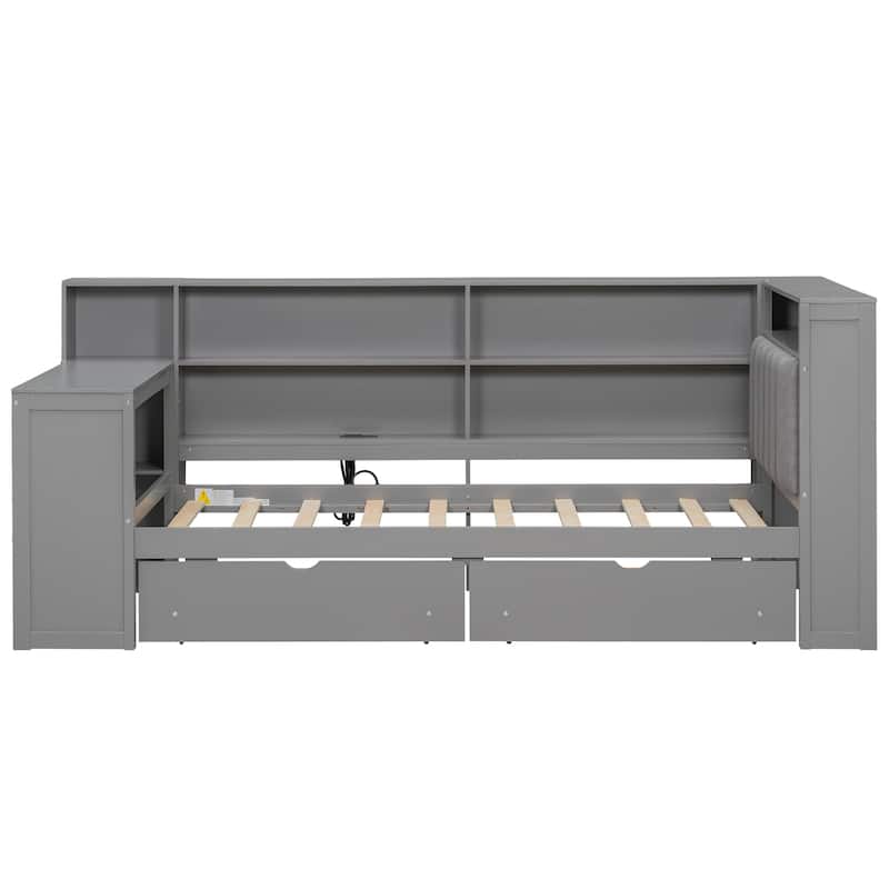 Wood Twin Size Platform Bed With Storage Shelves,Drawers,Charging Station,Led,Desk And Upholstered Headboard