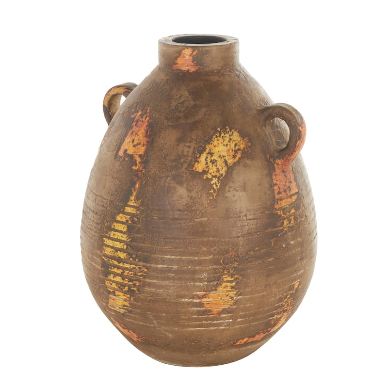 Ceramic Antique Style Distressed Vase with Grooves and Handles - Brown - Roche River Decor - 12"W x 11"L x 15"H