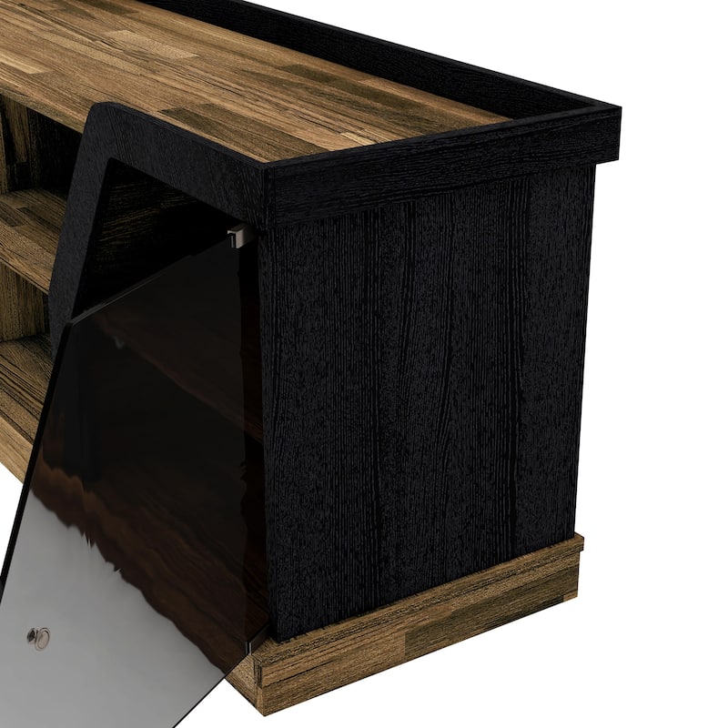 DH BASIC Modern Light Hickory 71-inch Multi-Storage TV Console with Black Tint Glass Cabinets by Denhour