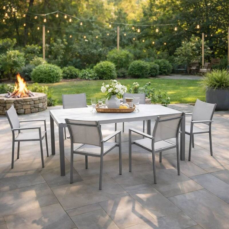 Fifi 7 Piece Dining Table Set, White Metal Frames, Smooth Textilene Fabric