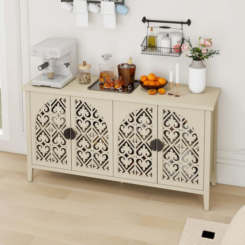 Symmetrical Carved Buffet, Storage Cabinet with Adjustable Shelves, Hollowed-out Accent Cabinet with Wood Feet