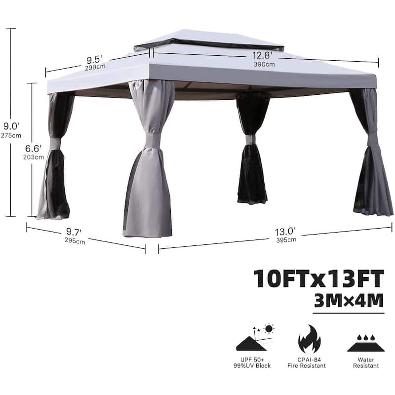 Grand Outdoor Patio 13 ft. W x 10 ft. D Steel Patio Gazebo with Mosquito Netting and Shade Curtains
