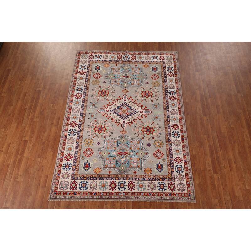 Beige Kazak Oriental Area Rug Hand-Knotted Bedroom Wool Carpet - 6'7" x 9'8"