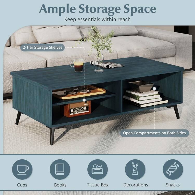 Engineered Wood Metal Coffee Table 2 Shelves 2 Compartments - 47" x 23.5" x 16"