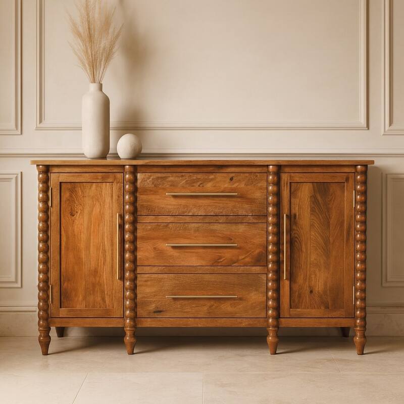 Artisan Furniture Solid Wood Spindle Sideboard 3 Drawers & 2 Doors - N/A - Brown