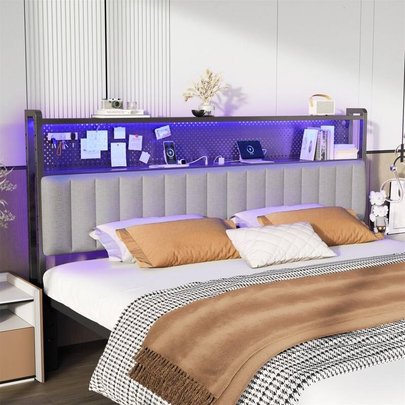 Adjustable Upholstered Headboard with 2 Tier Shelves with Charging Stations and LED Lights, Modern Bed Headboard with Storage