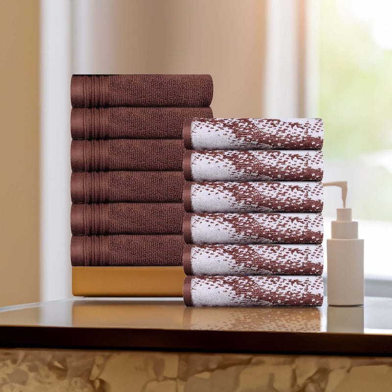 Superior Cotton Solid and Marble Face Towel Set of 12 - Brown