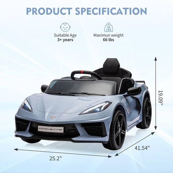 dimension image slide 5 of 6, 12V Kids Ride on Car Licensed Corvette Battery Powered Car Toddles Electric Sports Car Toy with Remote Control