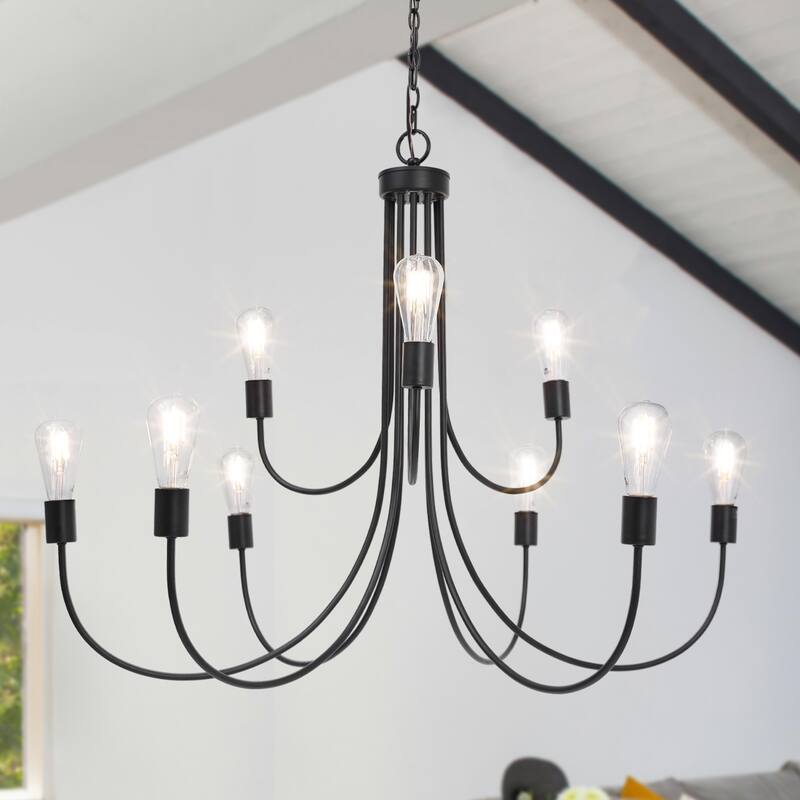 Oriea Farmhouse 9-Light Large Black Chandelier Classic Candle Light for Dining Living Room - D51"*H29.9"