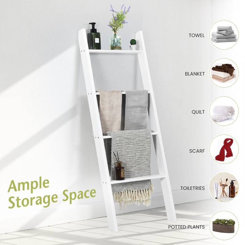 54” Leaning Wooden Blanket Ladder Rack for Storage Decorative Towel Shelf for Bedroom and Bathroom - 20" x 3" x 54" (L x W x H)