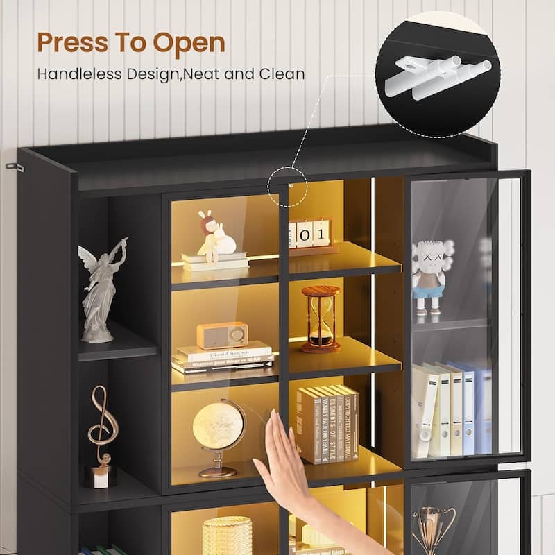 Display Cabinet Glass Doors 6 Tier Tall Bookcase LED Lights Curio Cabinet Adjustable Shelves