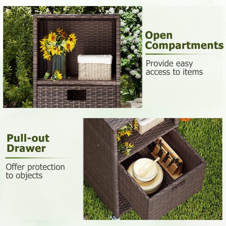 Mix Brown PE Rattan Outdoor Storage Cabinet with Metal Frame and Wheels - 16" x 16" x 39.5"