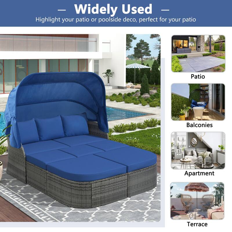 6 Piece Patio Sectional Conversation Set Outdoor Rattan Daybed Rectangle Sunbed with Retractable Canopy and Storage Coffee Table