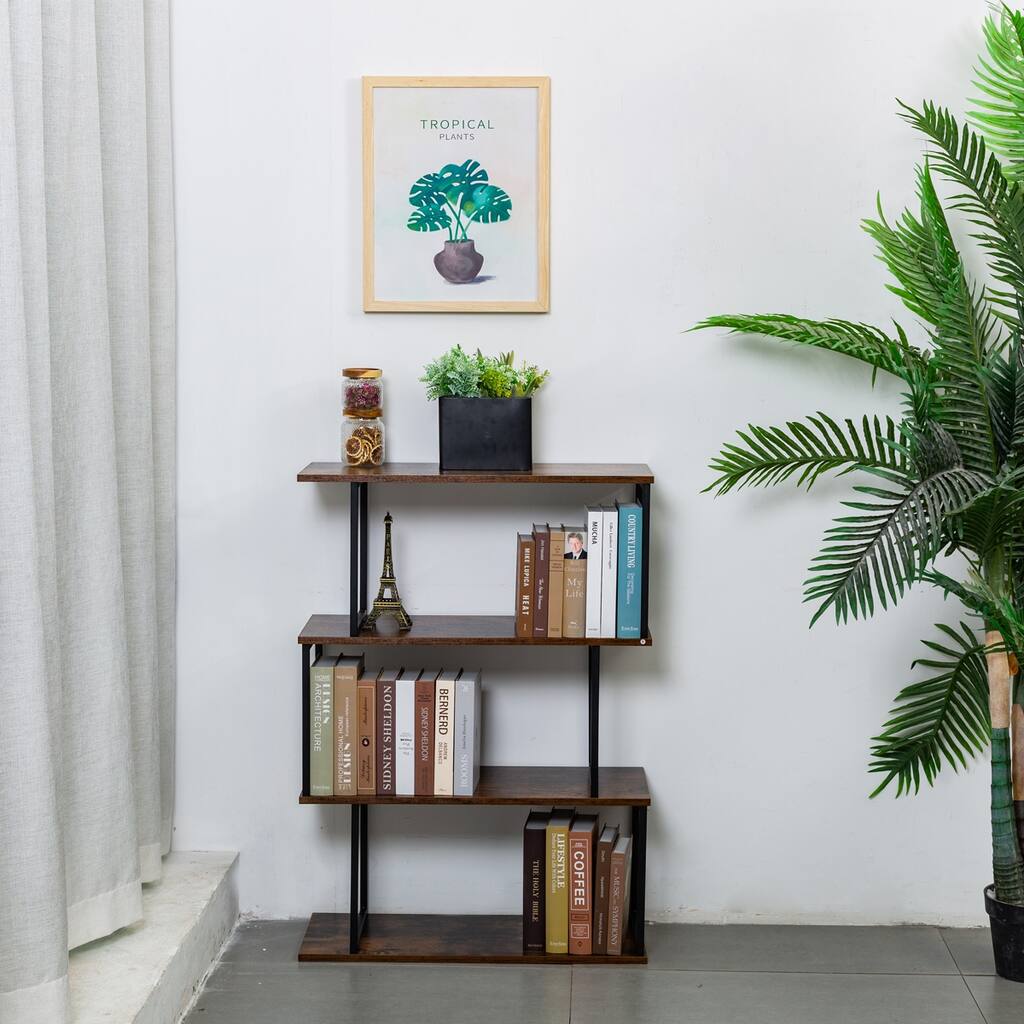 Bookcase 3-tdisplay Shelf, S-shaped Z-shelf Bookshelves, Industrial Freestanding Multifunctional Storage Shelving,Brown