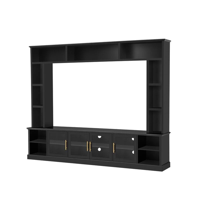 Modern Entertainment Center Wall Unit for TVs up to 80", One-Piece 95.1" TV Console Unit with Bookshelves & Tempered Glass Doors