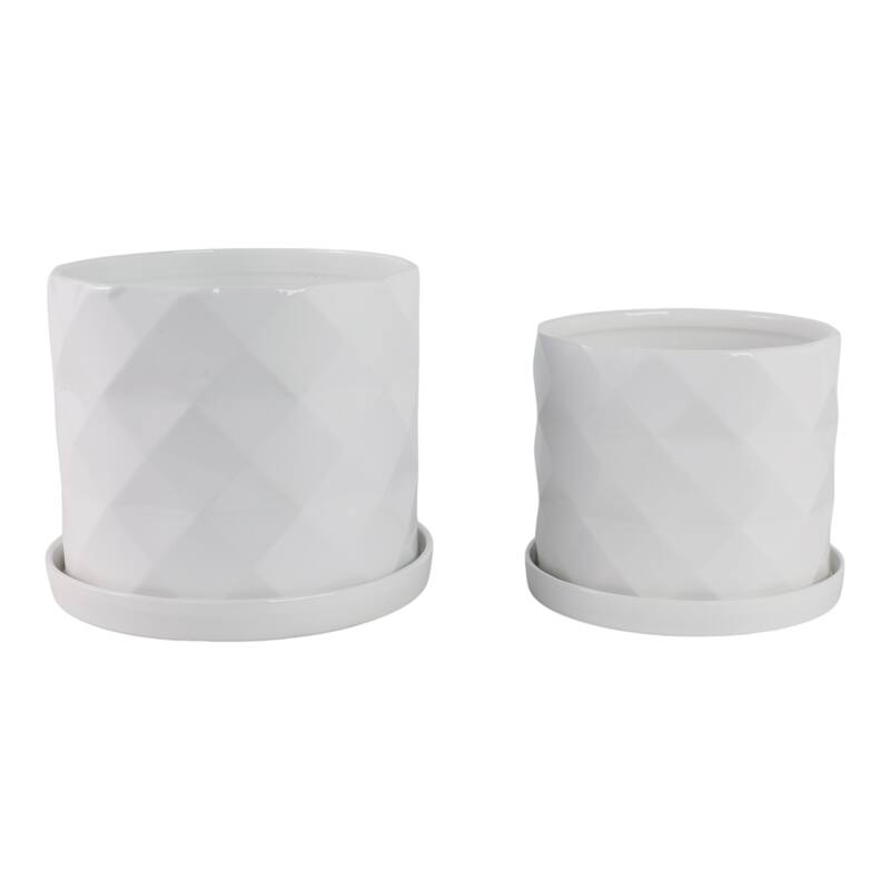 Ceramic Saucer Planters Geometric Finish (Set of 2) - 10", 9" White - 11.75" x 11.75" x 10.25"