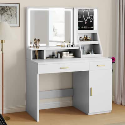 Moasis Makeup Vanity Desk with Mirror and Lights, Dressing Table with 2 Storage Drawers & Hairdryer Holder