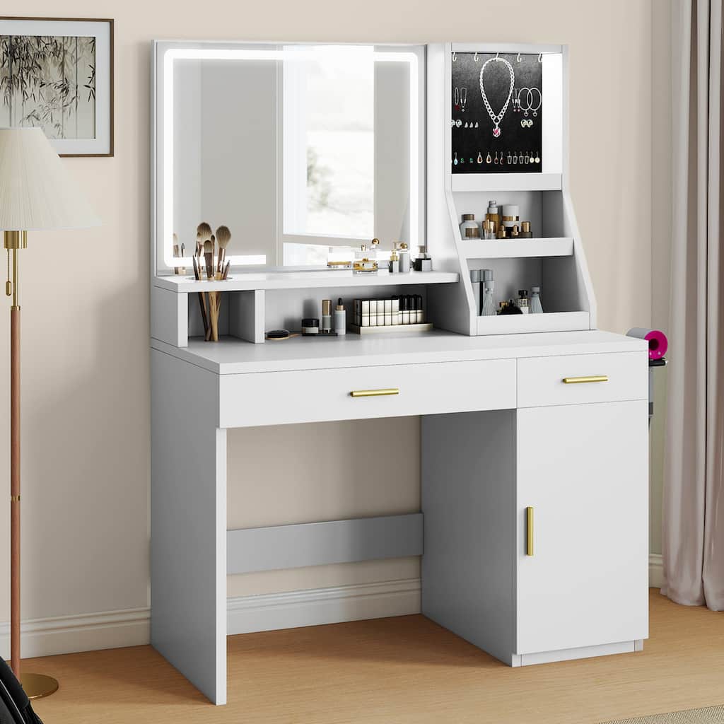 Moasis Makeup Vanity Desk with Mirror and Lights, Dressing Table with 2 Storage Drawers & Hairdryer Holder
