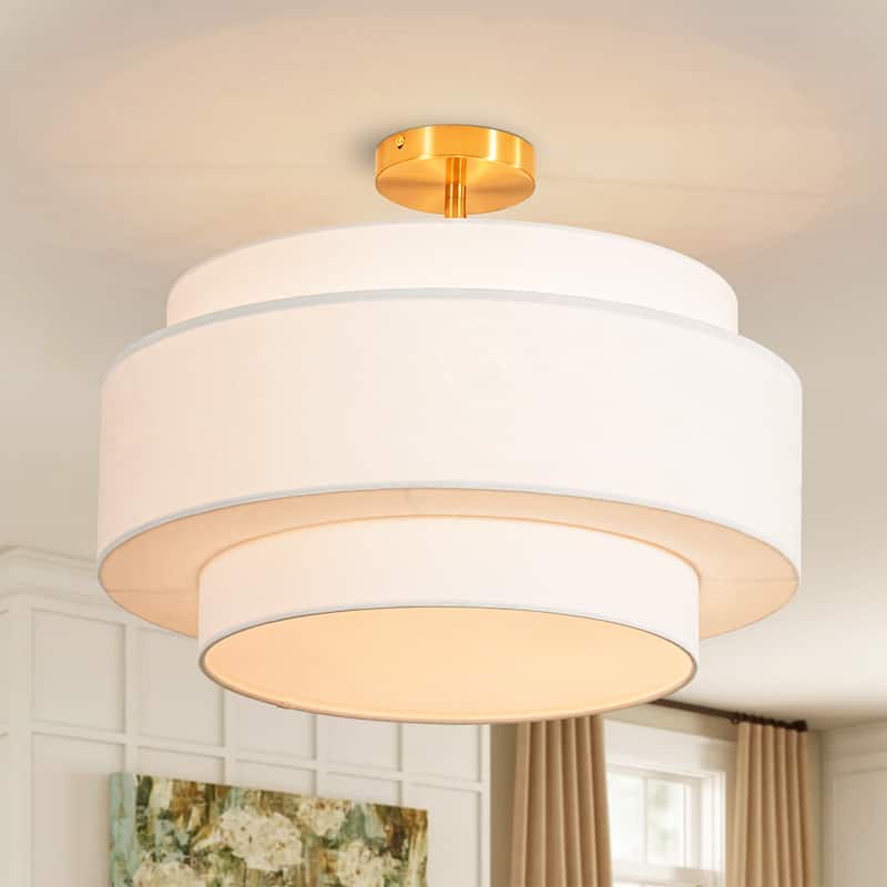 5-Light Modern Minimalist Neutral Fabric & Metal Drum Flush Mount Ceiling Light for Living Room - 5 Light - Beige