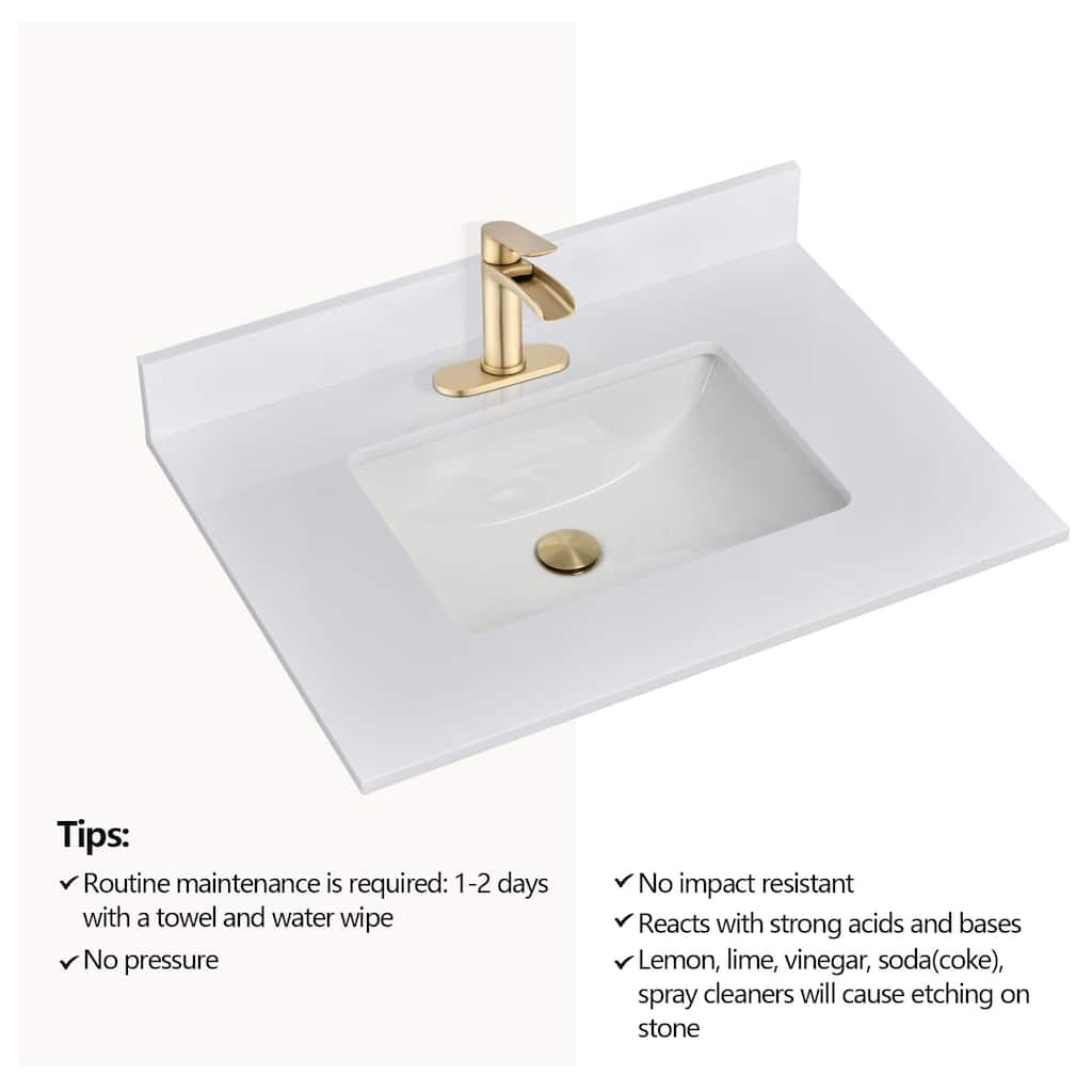 PROOX 30 inch Culture Marble Bath Solid White Vanity top with Rectangular Undermount Sink