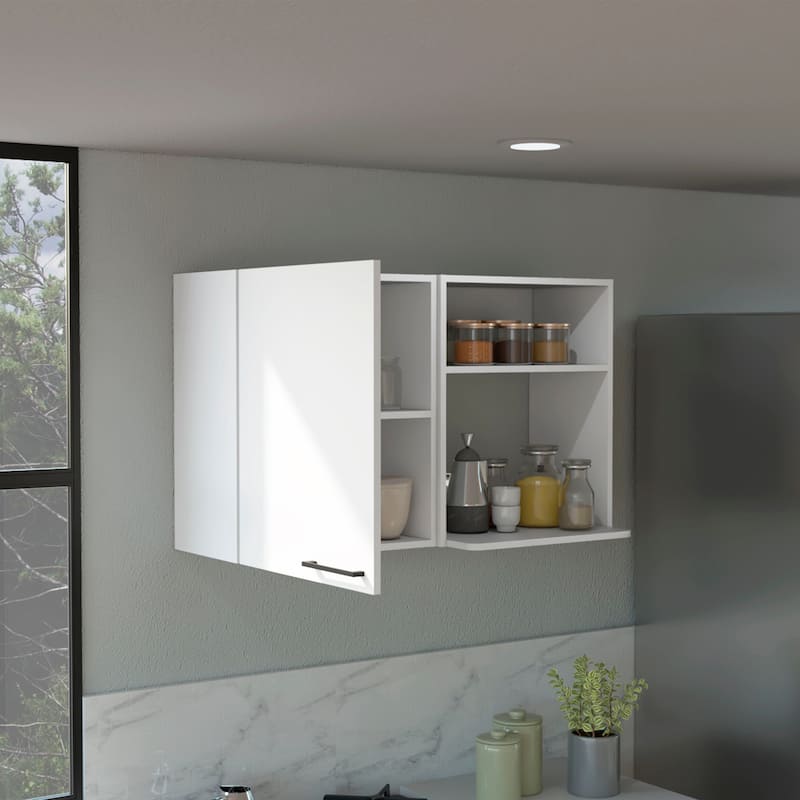 24" High Stackable Wall Storage Cabinet with 2 Interior Shelves, 2 External Shelves, White, One Door Storage Organizer