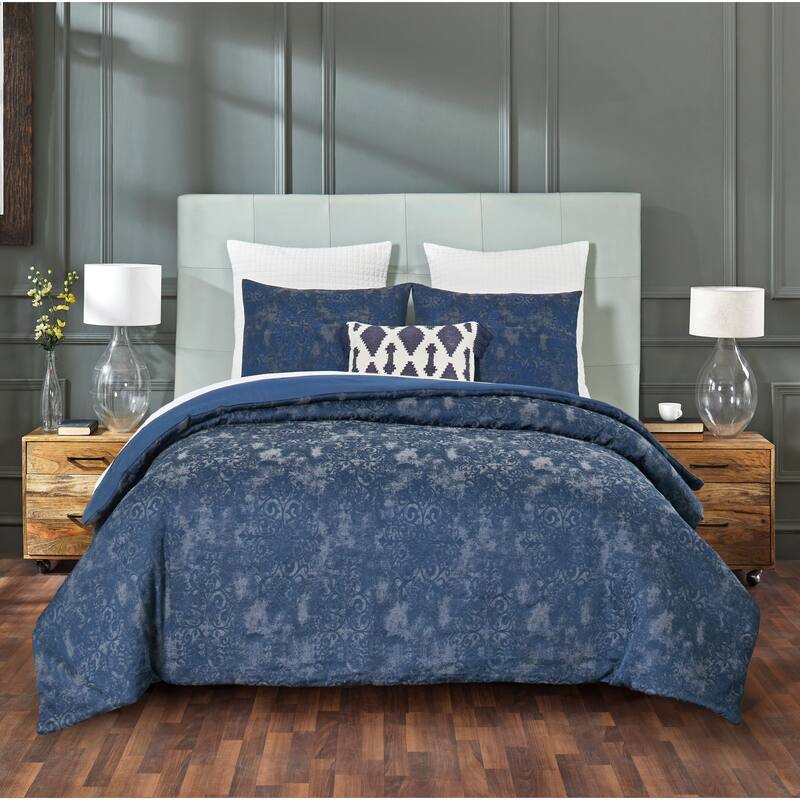 Better Trends Vincent Collection Poly/Cotton Damask Comforter Set with Sham-Supper Absorbent, Machine Washable, Tumble Dry - Navy - King