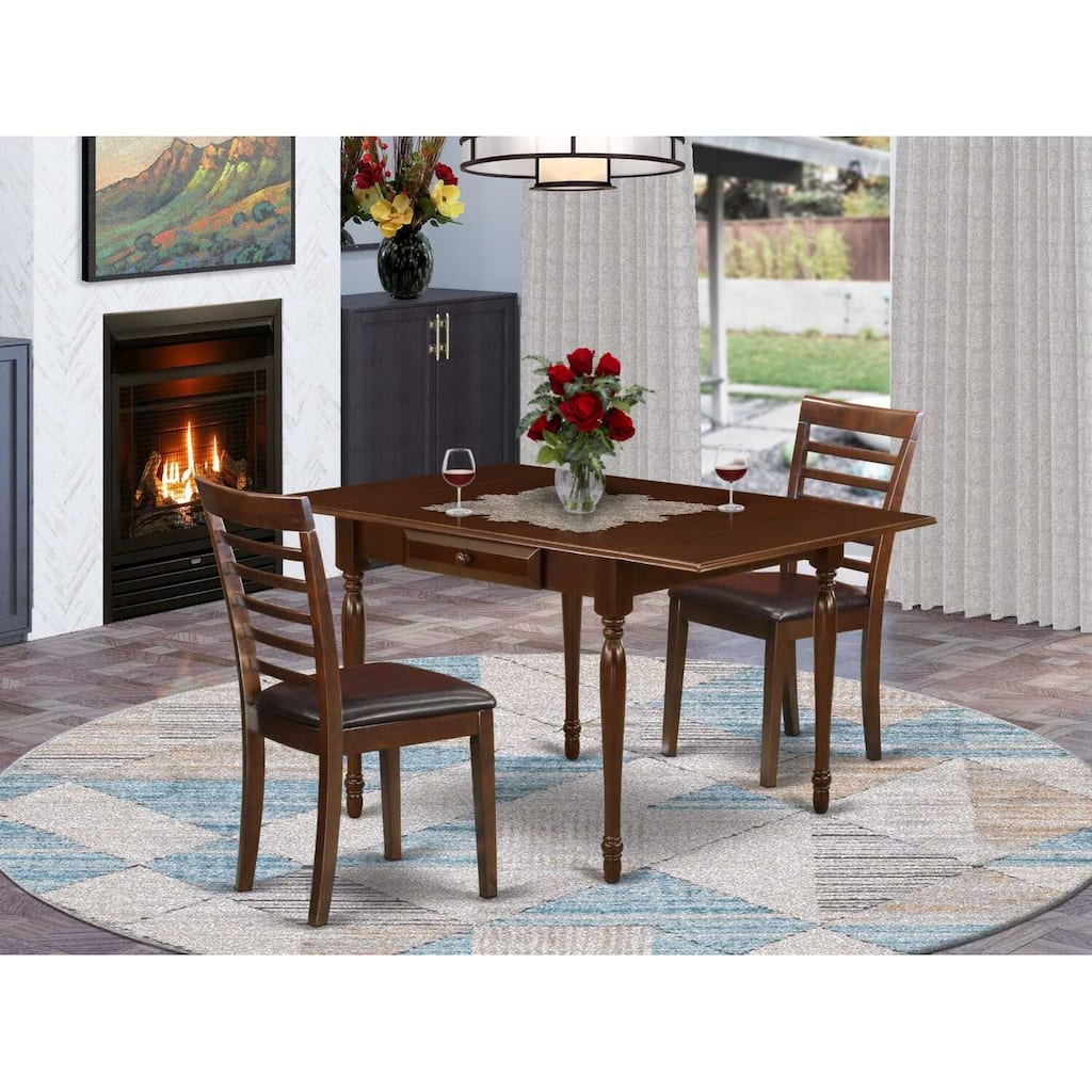 HomeStock 3-Pc Mahogany Finish Solid Wood Top with Dropleaf Dining Table Set