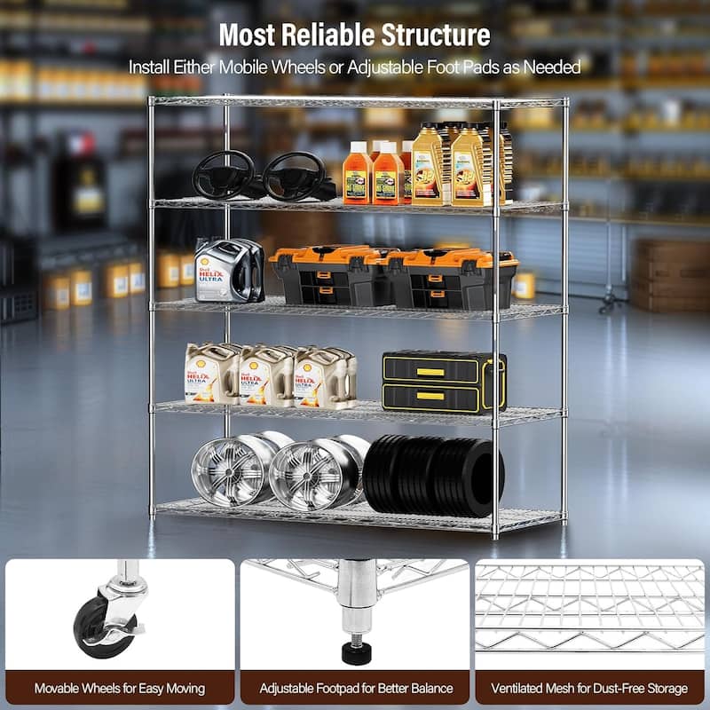 Wire Shelf Rack Shelving, 5 Shelf Metal Storage Rack with Wheels, 60"x24"x72" - 5 Tier