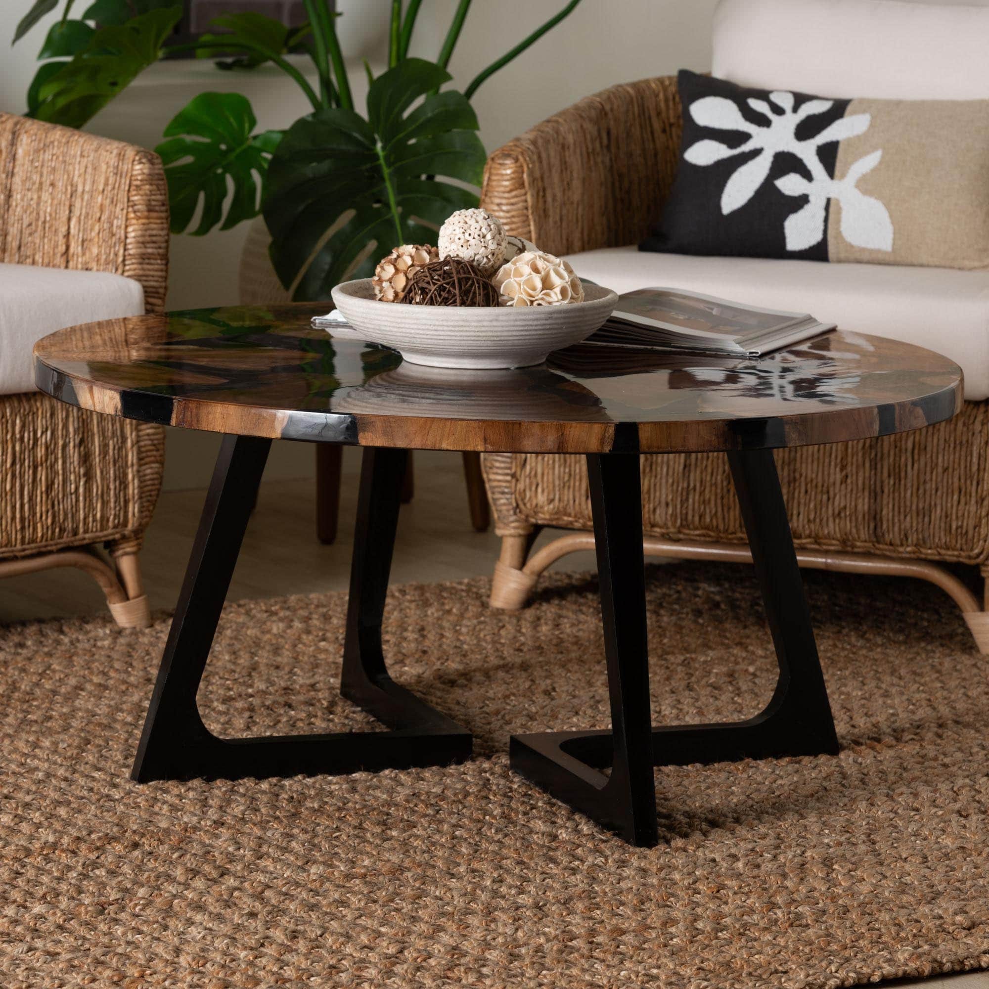 Agata Wood and Epoxy Resin Coffee Table - Handcrafted Live Edge Teak Accent Table with Sculptural Base