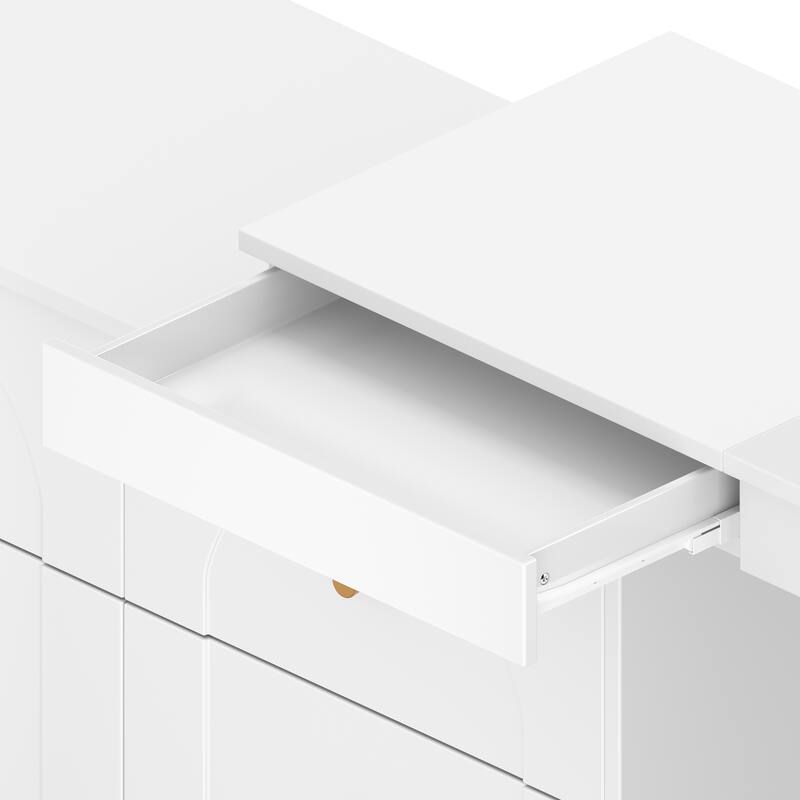 L-shaped Makeup Vanity Dressing Table with Flip-Top Makeup Mirror, Adjustable LED Lights & 7 Drawers