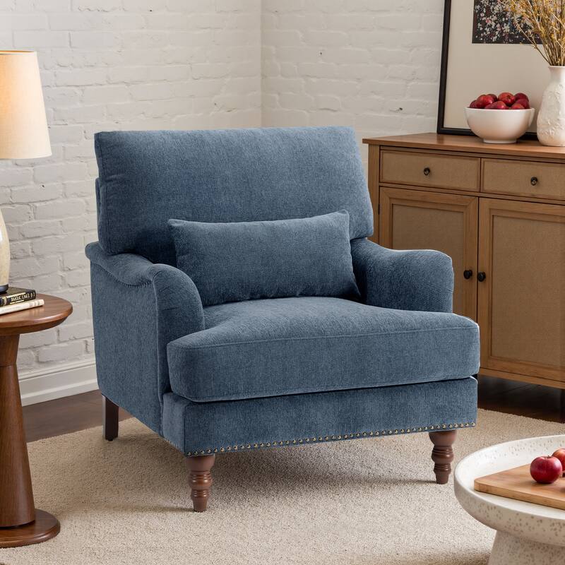 Chenille Accent Chair with Lumbar Pillow Nailhead Living Room - Navy