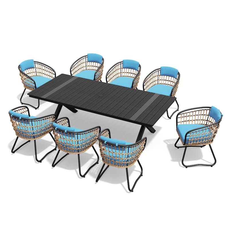 9-Piece Set Outdoor Aluminum Dining Table with Cushioned PE Rattan Chairs