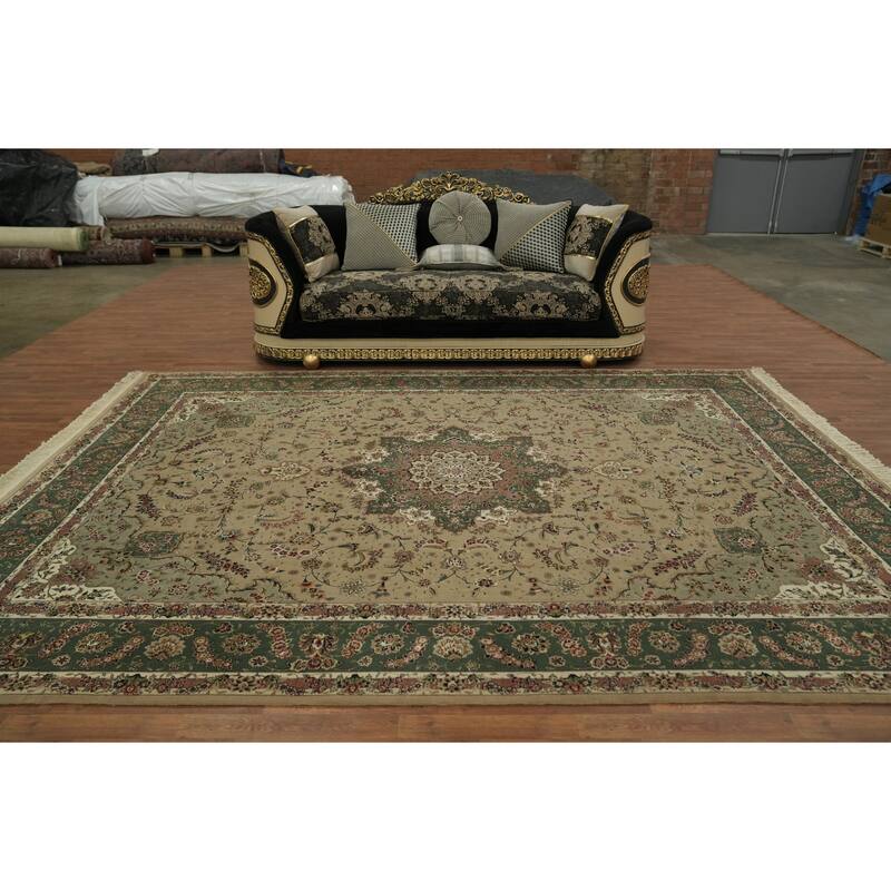 Hand Knotted Oriental Wool & Silk Carpet Traditional Floral Green Aubusson Area Rug - 12' 0'' X 9' 0''