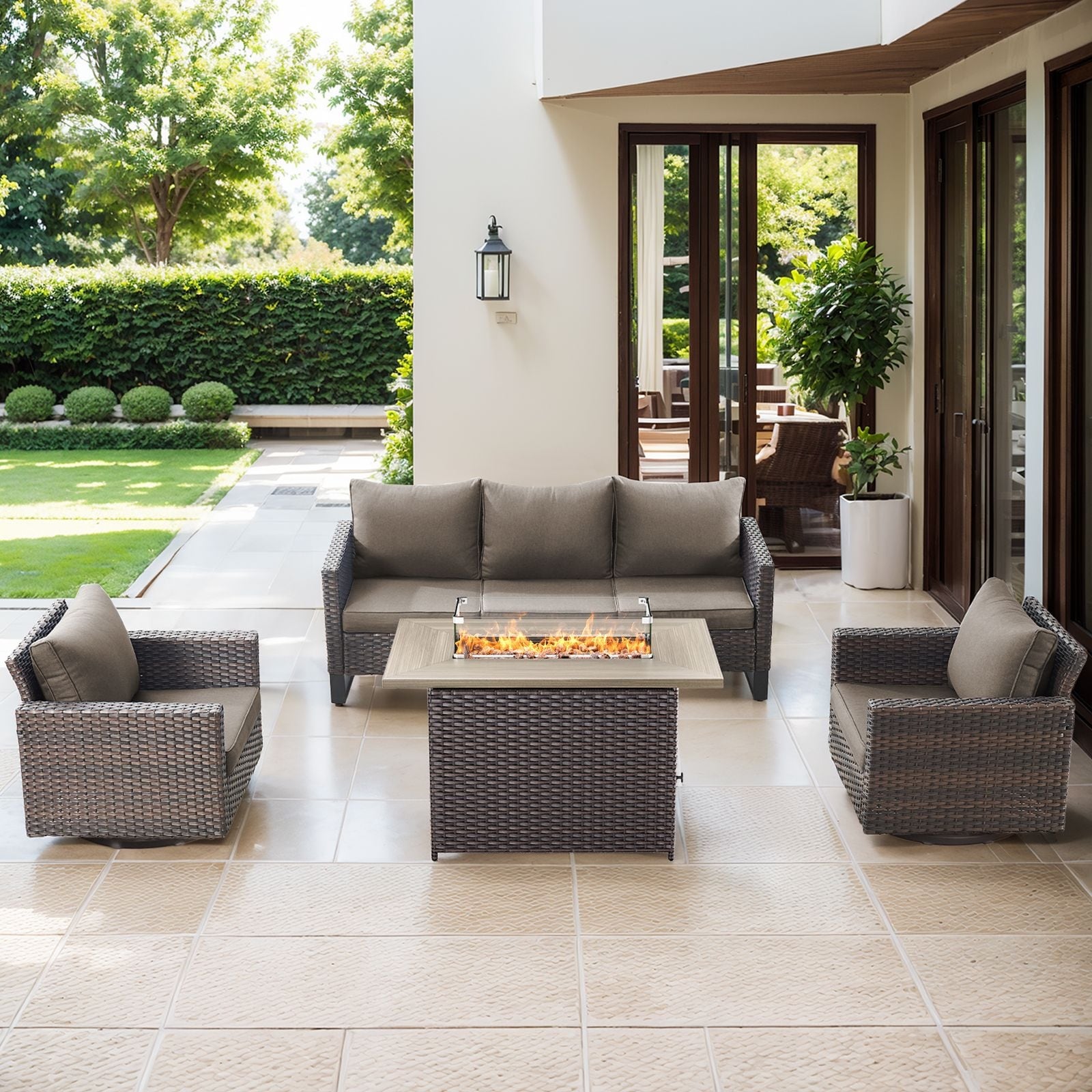 Outdoor Sofa Glider Chair & Fire Table Brwon-Grey - Brown