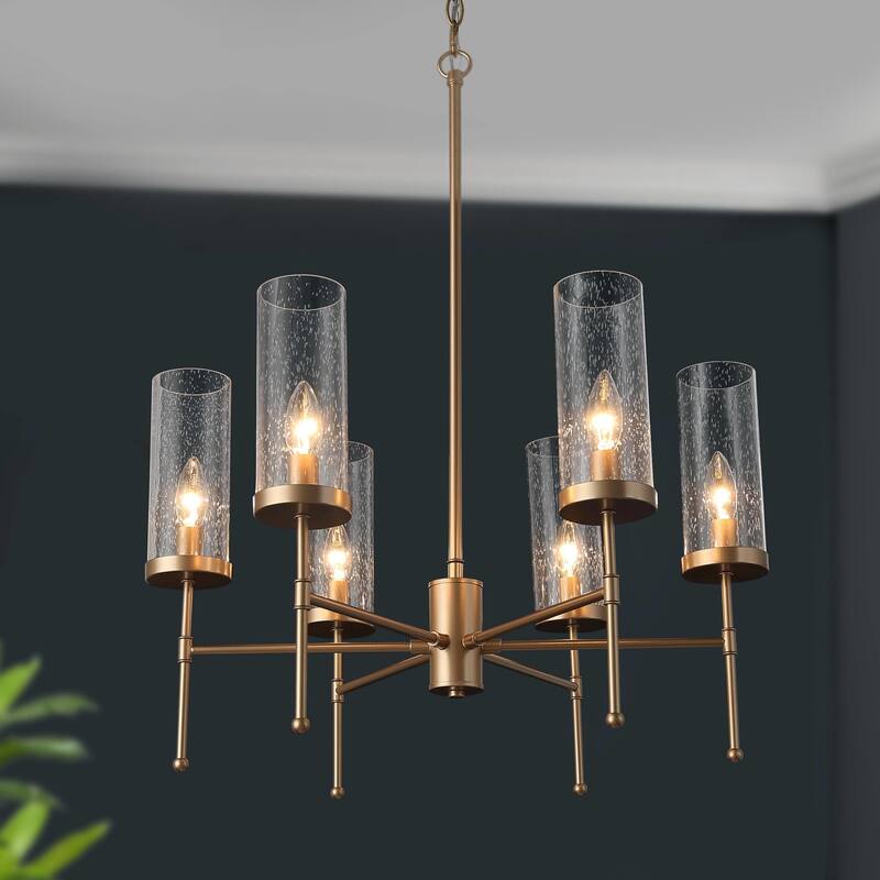 Modern Gold 6-Light Wagon Wheel Chandelier Glass Island Lights for Dining Room - D23" x H15.5"