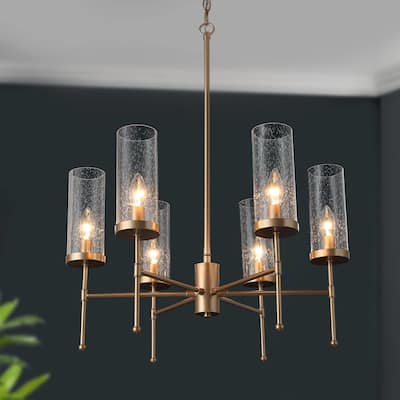Modern Gold 6-Light Wagon Wheel Chandelier Glass Island Lights for Dining Room - Deep Gold - D23" x H15.5"