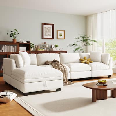 Upholstered Modular 5 - Seater Sectional Sofa with Removable Storage Ottoman & 2 Hidden Cup Holders, Beige Polyester