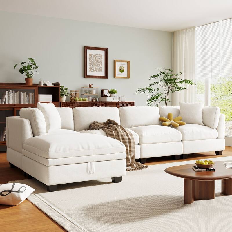Upholstered Modular Sofa Tufted Couch with Removable Storage Ottoman and 2 Hidden Cup Holders, Sectional Sofa Living Room - Beige