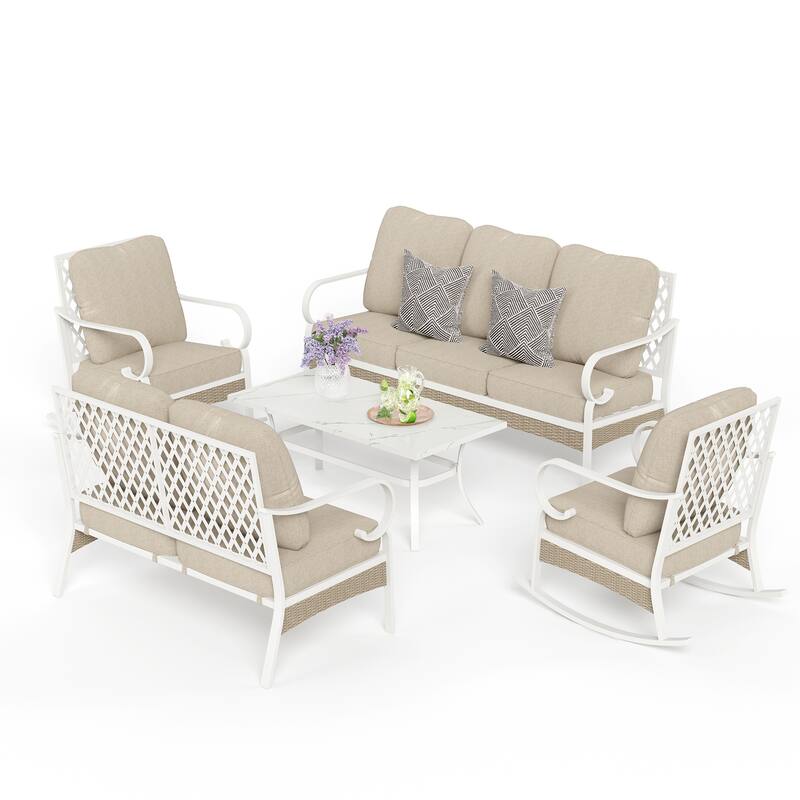 MAISON ARTS 7-Seat Patio Conversation Set, 2/4 x Cushioned Metal Chair, 1 x 2-Seat Sofa,1 x 3-Seat Sofa with Coffee Table - Set 5 - Beige