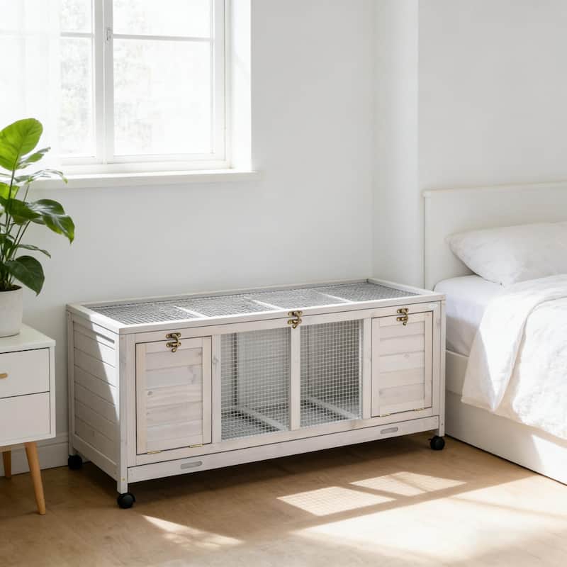 Wooden Small Animal Hutch Cage,Pet House,Wooden Rabbit Hutch with Wheels - Light Gray - Light Gray