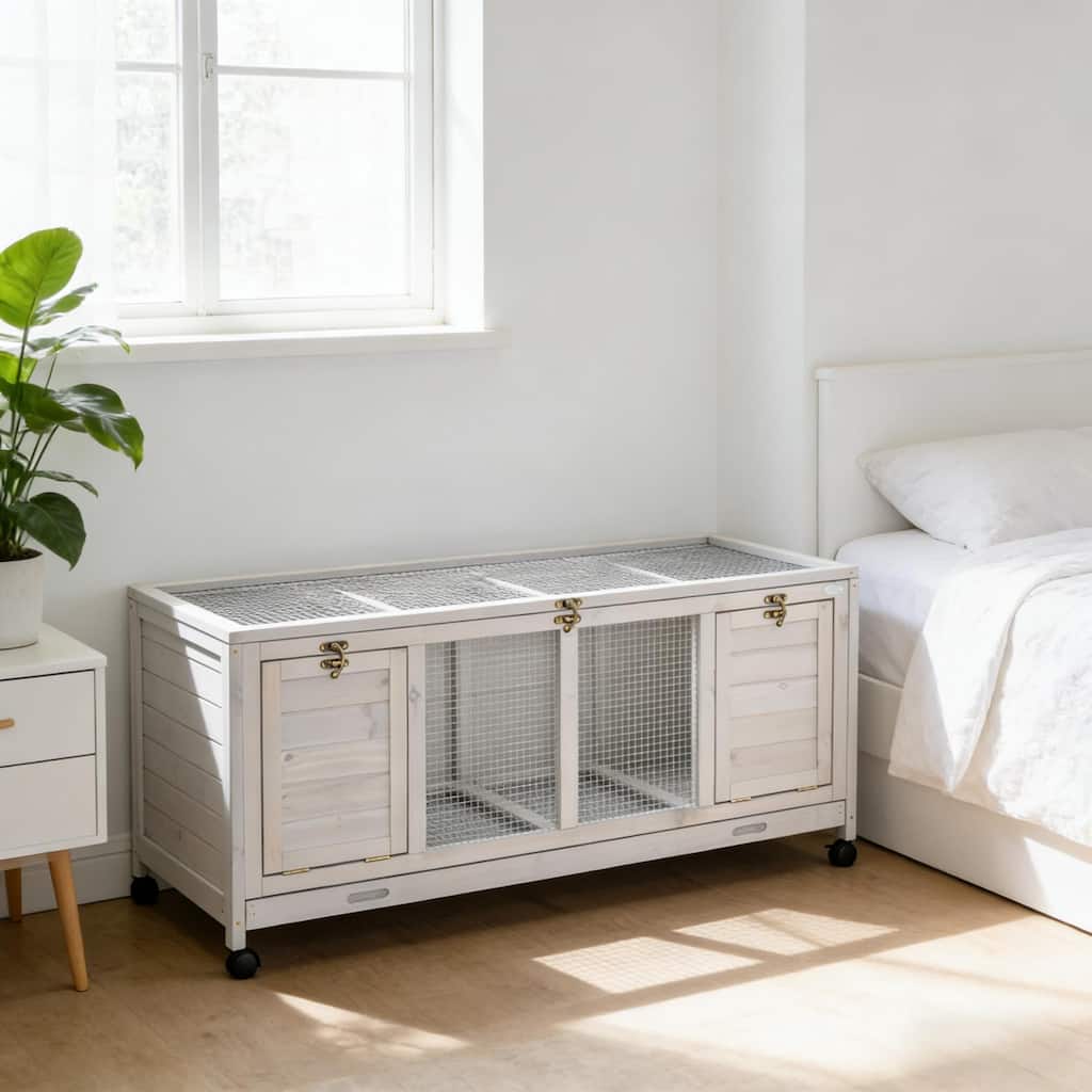 Wooden Small Animal Hutch Cage,Pet House,Wooden Rabbit Hutch with Wheels - Light Gray