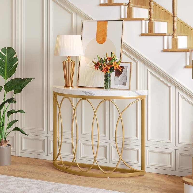 Half Moon Console Table for Entryway, 43 Inch Sofa Table with Faux Marble Top, White and Gold Accent Table