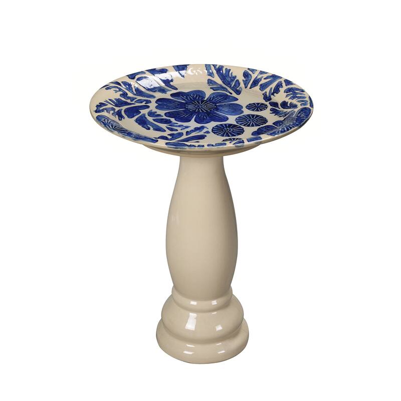 Floral Outdoor Patio Ceramic Birdbath - 21.75" - Cream and Blue