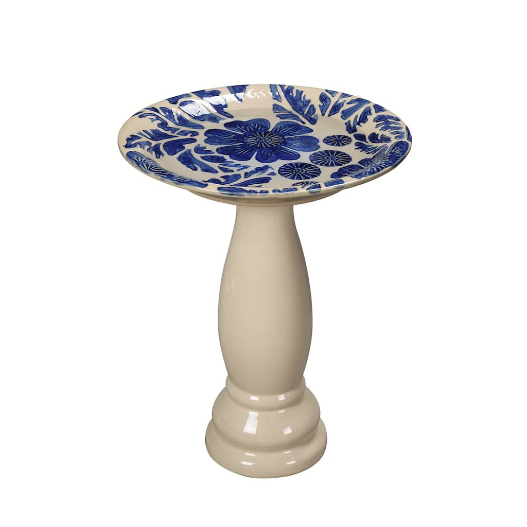 Floral Outdoor Patio Ceramic Birdbath - 21.75" - Cream and Blue