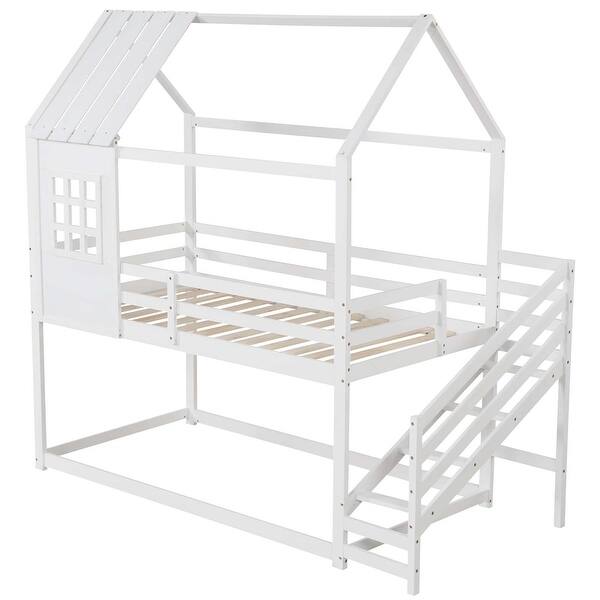 slide 2 of 10, Costway Twin House Bunk Bed with Stairs Roof Rails & Window White - See Details