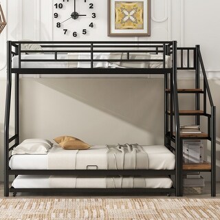 Twin over Full Size Metal Bunk Bed with Trundle and Storage Staircase