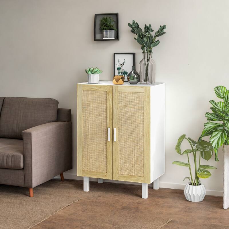 Sideboard Buffet Cabinet with 2-Rattan Doors, Adjustable Shelves, Boho Kitchen Storage Cabinet for Living Room, Black & Natural
