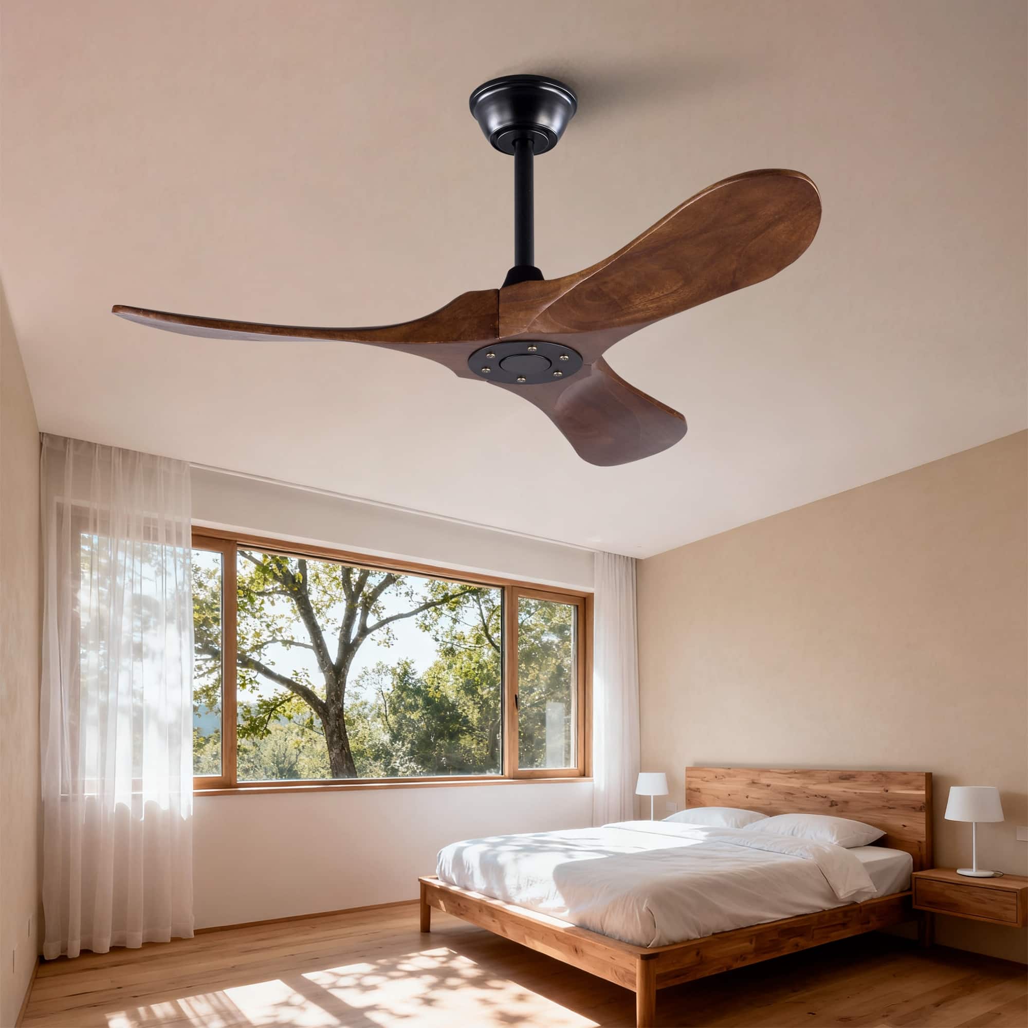 42" Solid Wood Ceiling Fan, 3 Blade, No Light, for Patio Living Room Bedroom Porch, Remote Control, Water Resistant