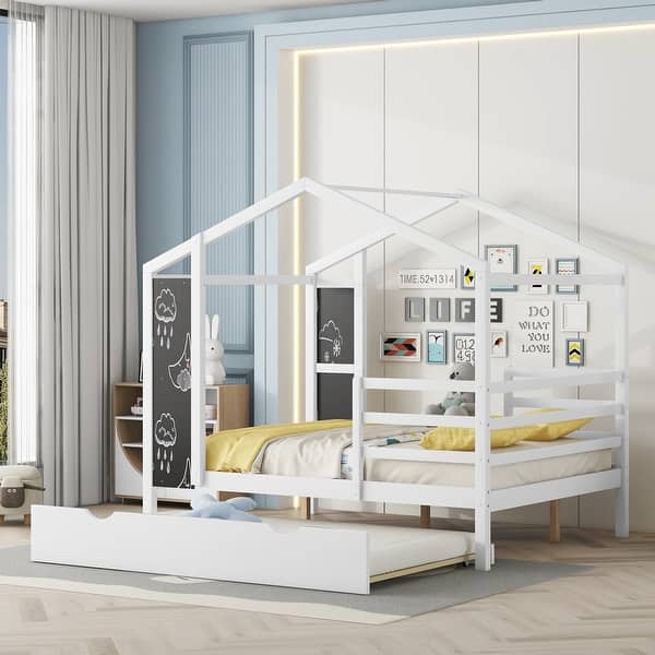 slide 2 of 43, Full Size Wood House Bed with Roof & Fence, Multifunction Daybed Frame w/ Writing Board & Trundle for Kids Teens Girls/Boys White - Full